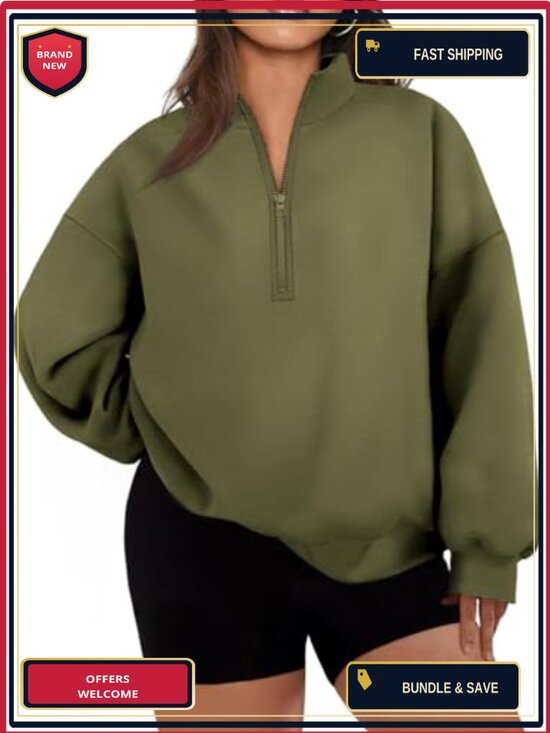 Tops - Plus Size Half Zip Sweatshirt Hoodie Long Sleeve Drop Shoulder Oversized